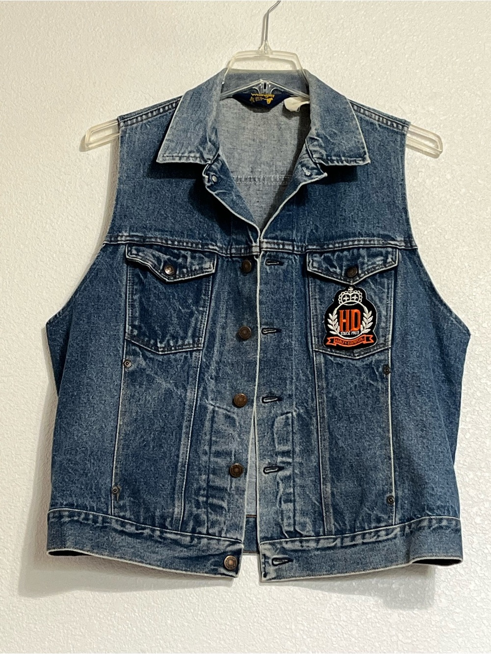 VTG 80s Wrangler Denim Jean Vest Blue Harley Davidson Patches Men’s Large